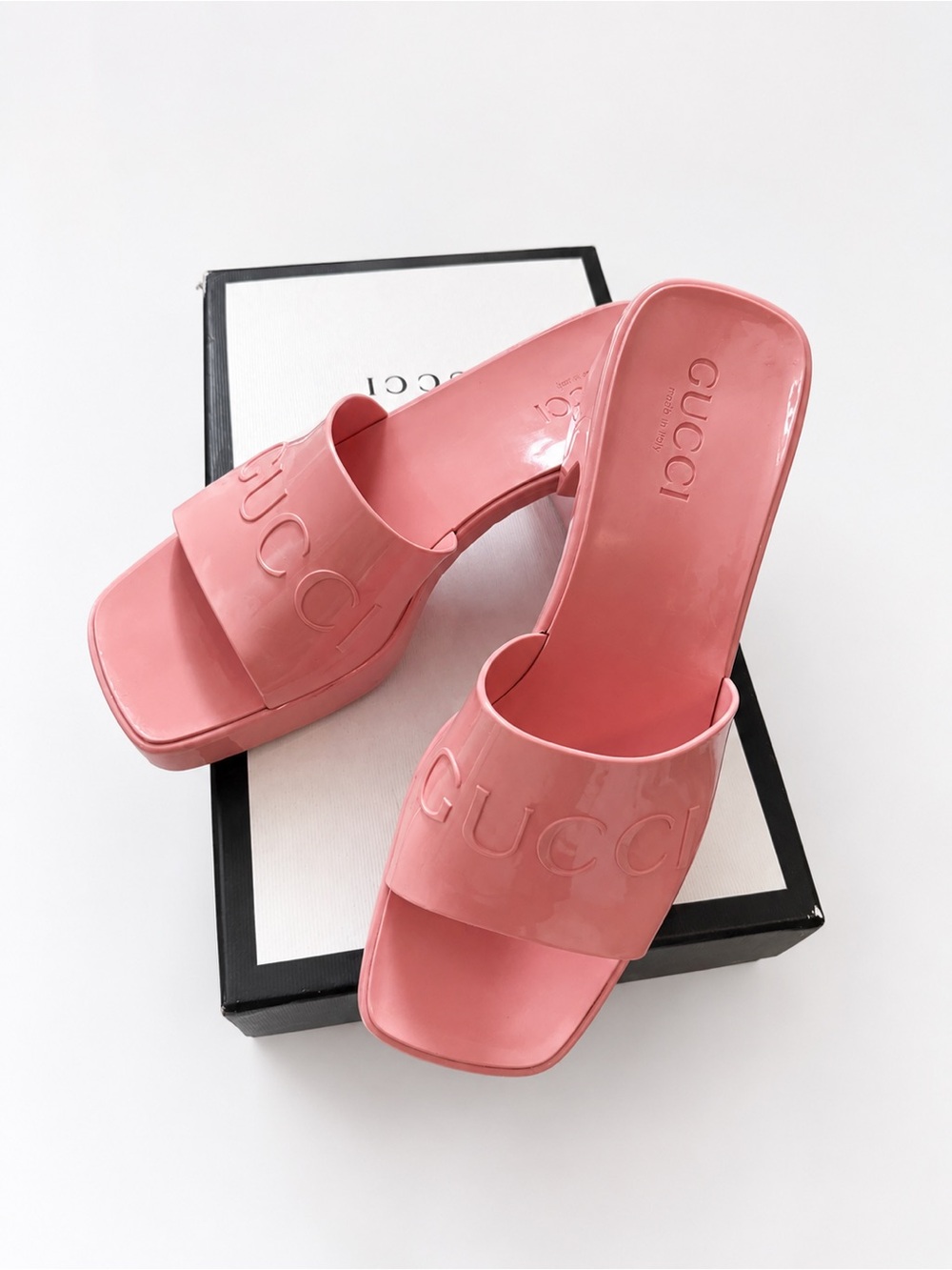 Gucci Pink Patent Slide Mules with Embossed Logo
